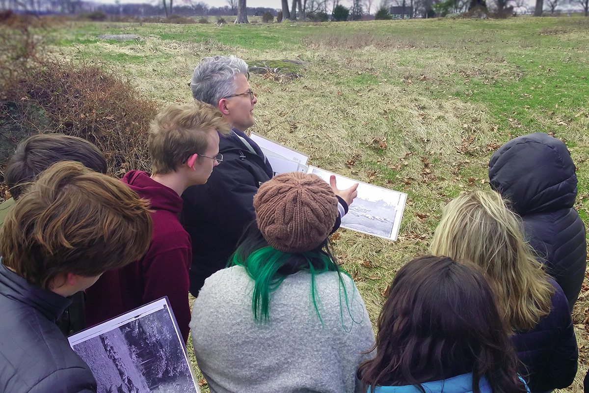 Professor Peter Carmichael, who teaches at Gettysburg College and directs the Civil War Institute, gives the Exonians a tour of the Gettysburg battlefield.