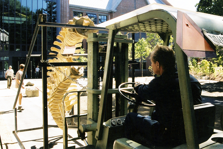 A worker uses a forklift to move the whale's skeleton into the Phelps Science Center
